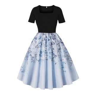 Elegante retro quadrado pescoço manga curta grande balanço vestido feminino retro vestido de festa à noite