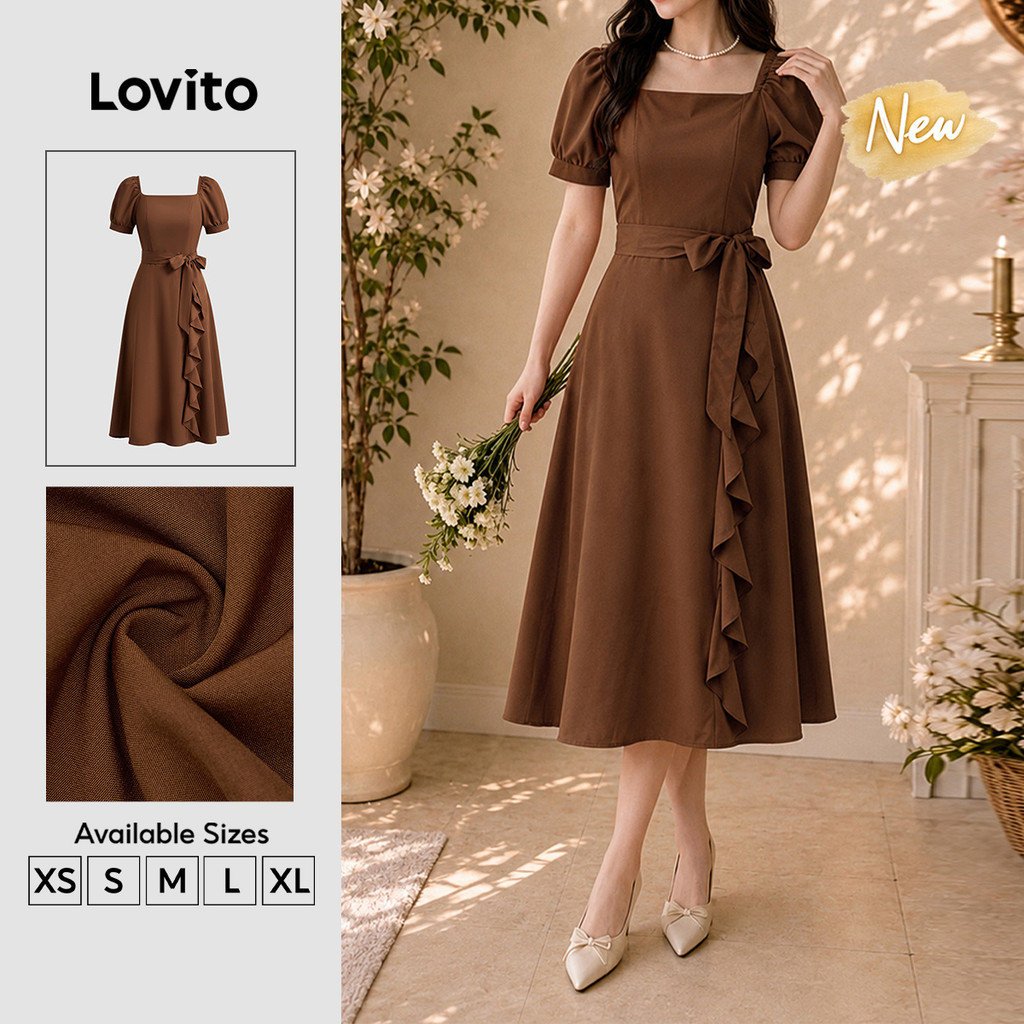 Lovito Vestido Feminino Marrom Drapeado com Babado Modelo Longo A Primavera Verão Traje de Trabalho DRB204P1D309
