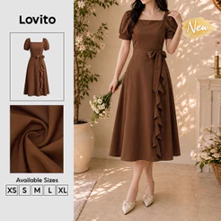 Lovito Vestido Feminino Marrom Drapeado com Babado Modelo Longo A Primavera Verão Traje de Trabalho DRB204P1D309