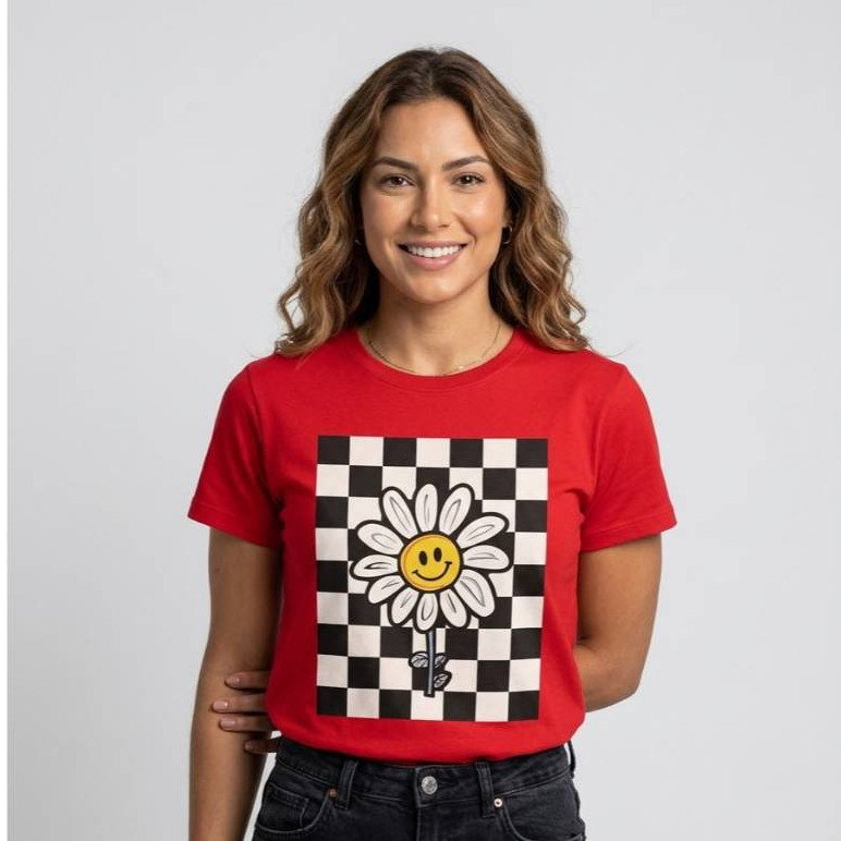 Camiseta T-Shirt Estampada Feminina Fashion Xadrez Algodão Tendencia Infantil ao Adulto