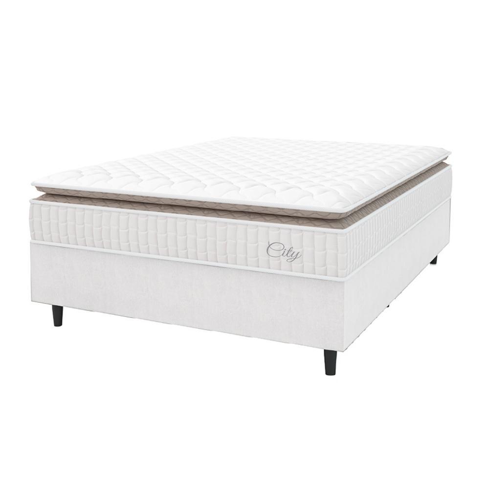 Cama Box Colchão Casal King Molas Ensacadas City Pillow Top 193x203x61cm Linho Branco / Bege Hellen