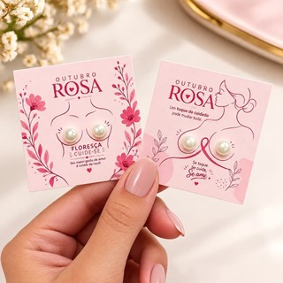100 Pares De Brinco De Pérola + TAG Lembrancinha Mês Da Mulher Outubro Rosa Tag Para Cliente E Mimo