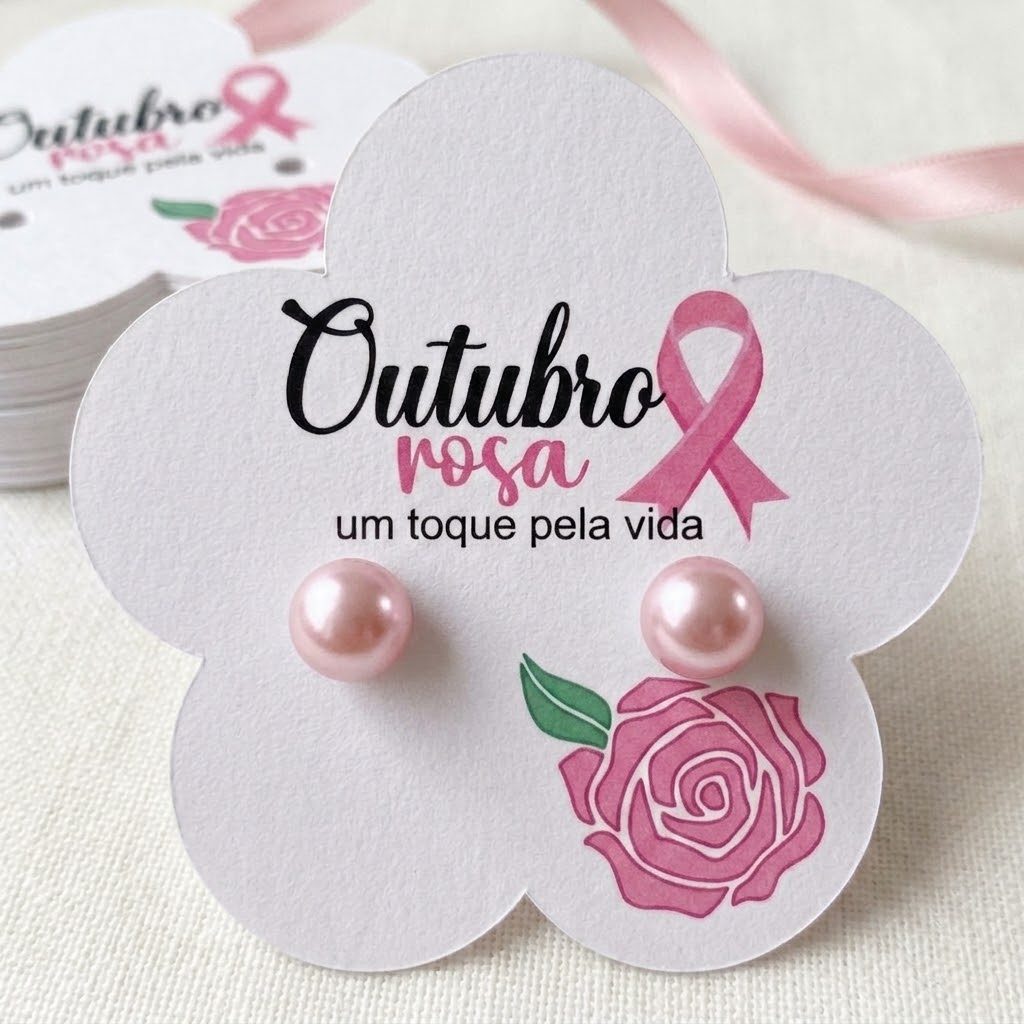 50 Lembrancinhas Mimo Outubro Rosa, Cartão e Brincos Perola Rosa 8mm, Tag em forma de flor
