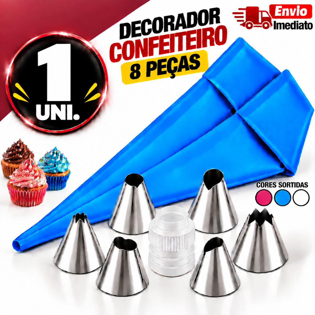 Bicos para Confeitar em Aço Inox com Saco Kit 8 Peças para Chantilly Bolos Cupcakes e Confeitaria