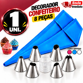 Bicos para Confeitar em Aço Inox com Saco Kit 8 Peças para Chantilly Bolos Cupcakes e Confeitaria