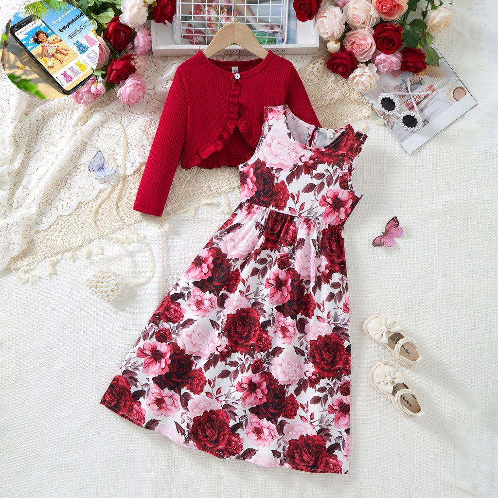 Conjunto Feminino Infantil Menina Vestido Sem Manga Florido Blusa Manga Longa 2 a 8Anos Vermelho Vinho Festa Aniversário