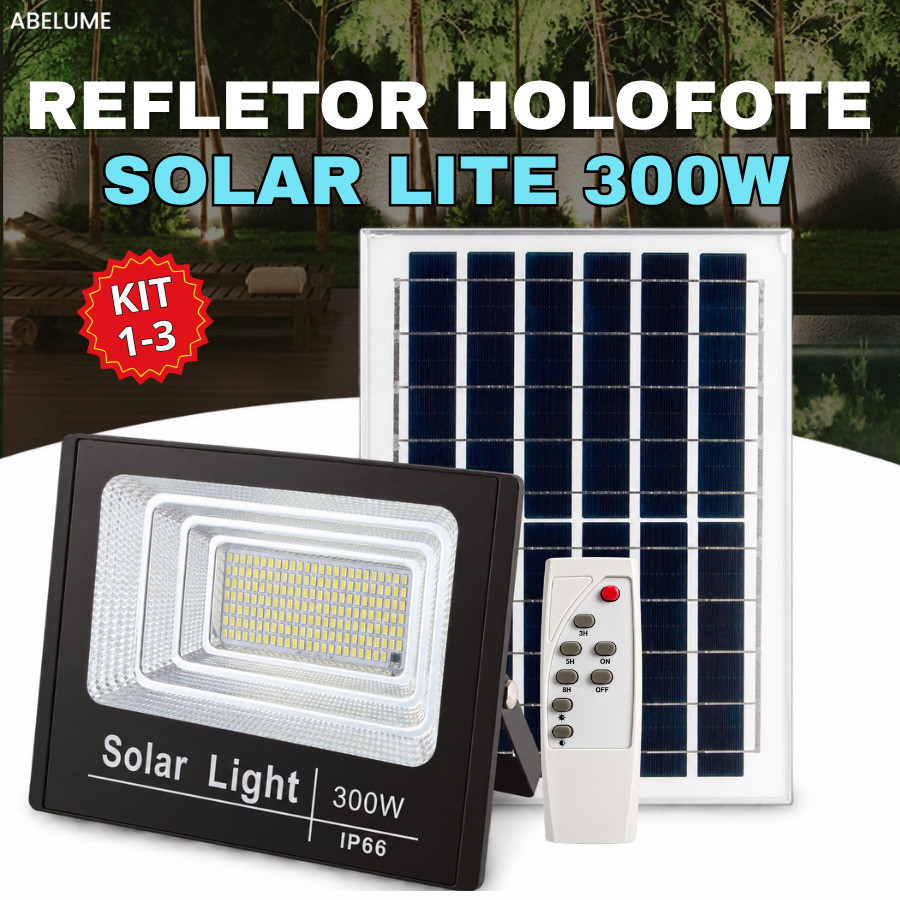 Holofote Refletor Solar 300W Lite Super Led IP66 Acompanha Placa Solar Luz Branco Frio 6500K
