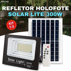 Holofote Refletor Solar 300W Lite Super Led IP66 Acompanha Placa Solar Luz Branco Frio 6500K
