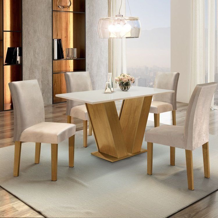 Conjunto Sala de Jantar Mesa Tampo MDF 4 Cadeiras Espanha Yescasa Ypê/Off White/Tecido Pena
