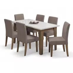 Conjunto de Mesa Sala de Jantar Miami com 6 Cadeiras Trieste Suede 1,60m Cedro / Off White / Mascavo