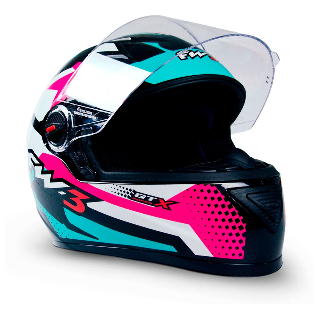 Capacete Moto Fechado GTN Super Azul Rosa Branco com Viseira Cristal NarigueiraTamanho 56 - FW3