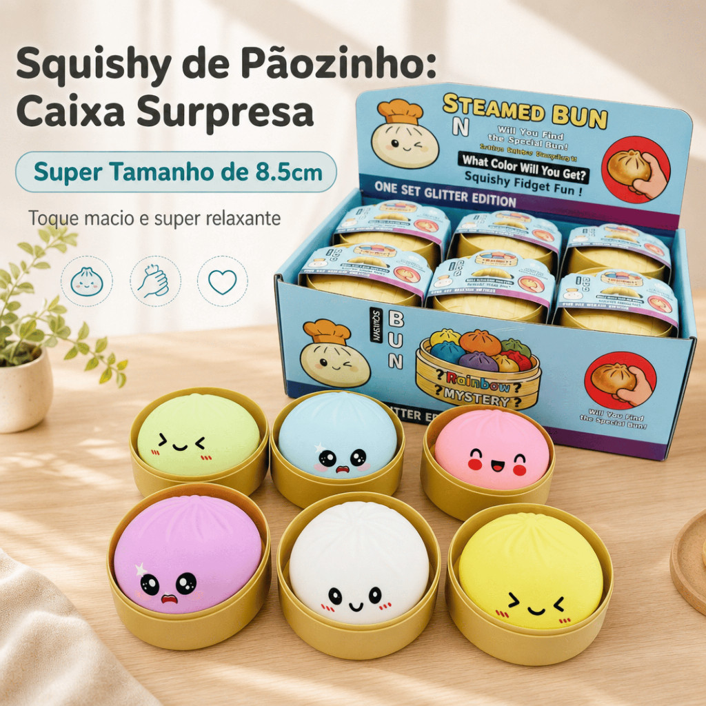 Squishy Pãozinho Anti Stress 8 5cm Recheio Farinha Caixa Surpresa TPR Ecológico Base Vaporizador