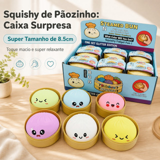 Squishy Pãozinho Anti Stress 8 5cm Recheio Farinha Caixa Surpresa TPR Ecológico Base Vaporizador