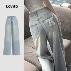 Lovito Jeans Casuais com Laço No Bolso Lavados Primavera/verão Jeans Azul Claro para Mulheres L178ED611