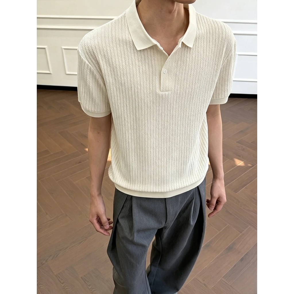 Camisa POLO de verão masculina solta textura respirável lapela moda na moda All-Match manga curta solta torcido topo