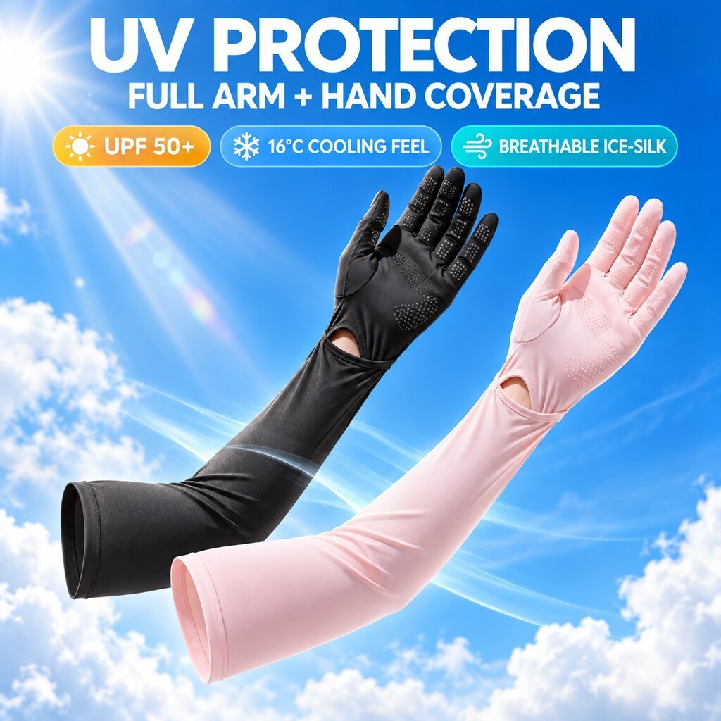 Mangas protetoras solares Mangas de seda gelada Luvas à prova de ultravioleta Uma peça longa respirável sensação de gelo