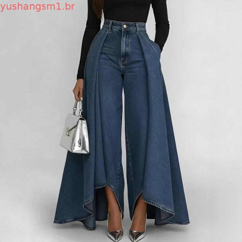 Nova Cor Sólida Casual Falso Denim Impresso Botão Calças De Perna Reta Com Bainha Longa Larga