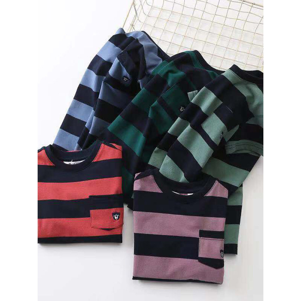 [Estoque de limpeza] Camiseta de manga curta estilo ocidental para meninos de verão, camiseta listrada para crianças gra