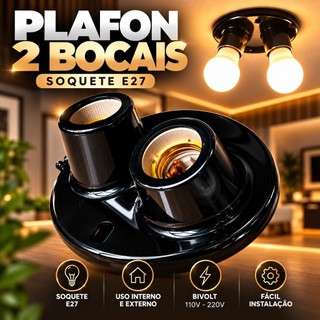 Plafon 2 Bocais para Lâmpada Rosca E27, Teto Bivolt, Ideal  Residencial Fácil de Montar