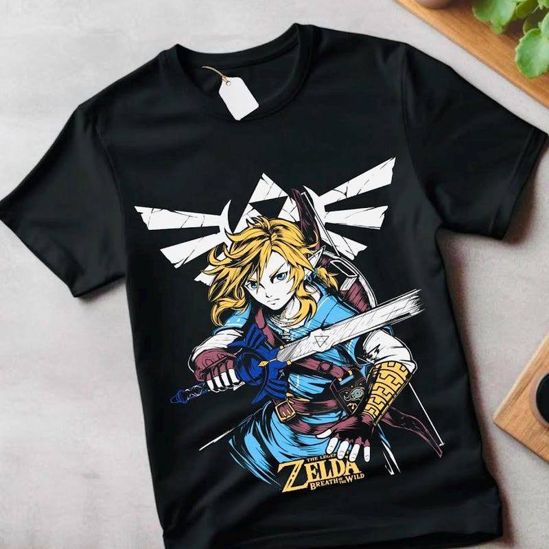 Camiseta Unissex Premium de Algodão Estampa Personagem Link Zelda Cor Preta Estilo Casual Para Fãs de Jogos e Passeios