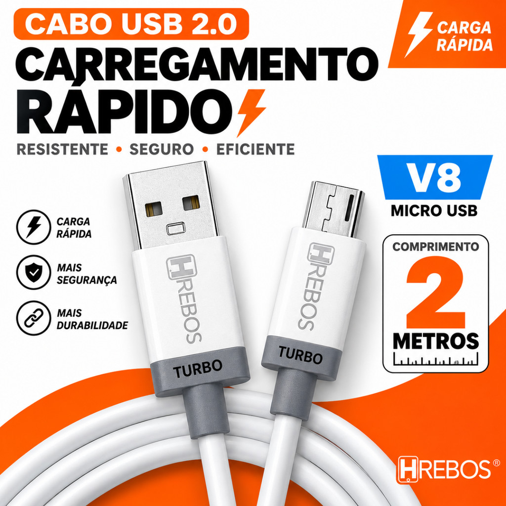 Cabo Android Carregador Turbo Hrebos V8 USB 2 Metros Carregamento Rápido para Ce