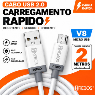 Cabo Android Carregador Turbo Hrebos V8 USB 2 Metros Carregamento Rápido para Celular