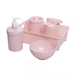 Kit 5 Peças Higiene Bebê Porta Algodão Cotonete Molhadeira Sabonete Cesta Organizadora Enxoval Trama Rosa Plasútil