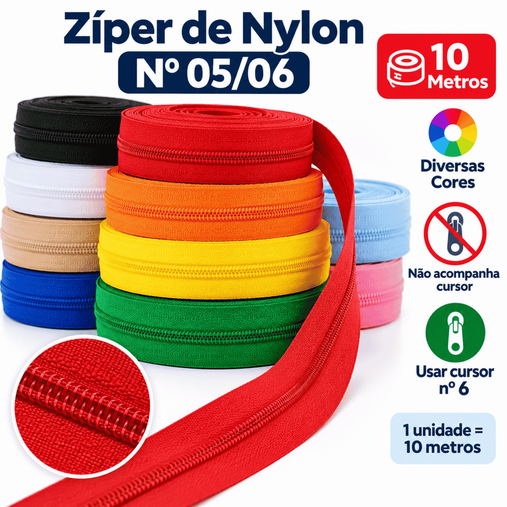 Zíper de Nylon Nº 5/6 10 Metros Contínuo para Bolsas Mochilas Necessaires Artesanato Várias Cores