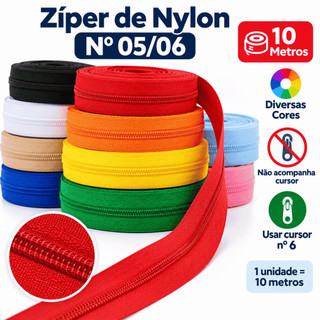 Zíper de Nylon Nº 5/6 10 Metros Contínuo para Bolsas Mochilas Necessaires Artesanato Várias Cores