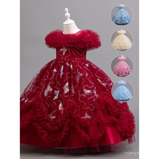 Meninas vestido longa brisa manga inchado gaze vestido borboleta impressão vestido de princesa bebê aniversário banquete