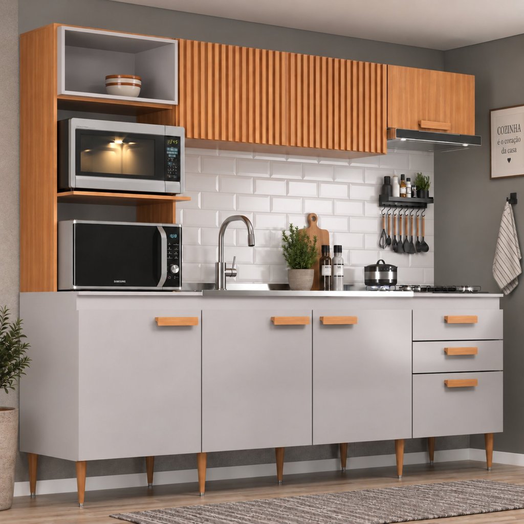 Cozinha Compacta Modulada sem Tampo Antonela Cinza Freijó
