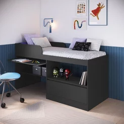 Cama Alta Multifuncional Solteiro Infantil/Juvenil com Estação de Trabalho 80 Jacarta Preto/Grafite Grafite