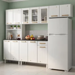 Cozinha Compacta Modulada de Aço 4 Peças com Paneleiro e Nicho para Micro-Ondas 12 Portas 1 Gaveta Diamante Branco