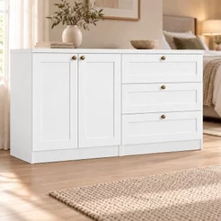 Kit Cômodas 3 Gavetas e Armário 2 Portas Provençais 100% MDF Branco/Fosco Branco Fosco