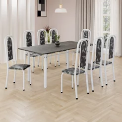 Conjunto de Mesa Retangular 180x75cm Tampo Ardósia Indiana 8 Cadeiras Lavínea Branco/Preto Floral Preto Floral/Branco