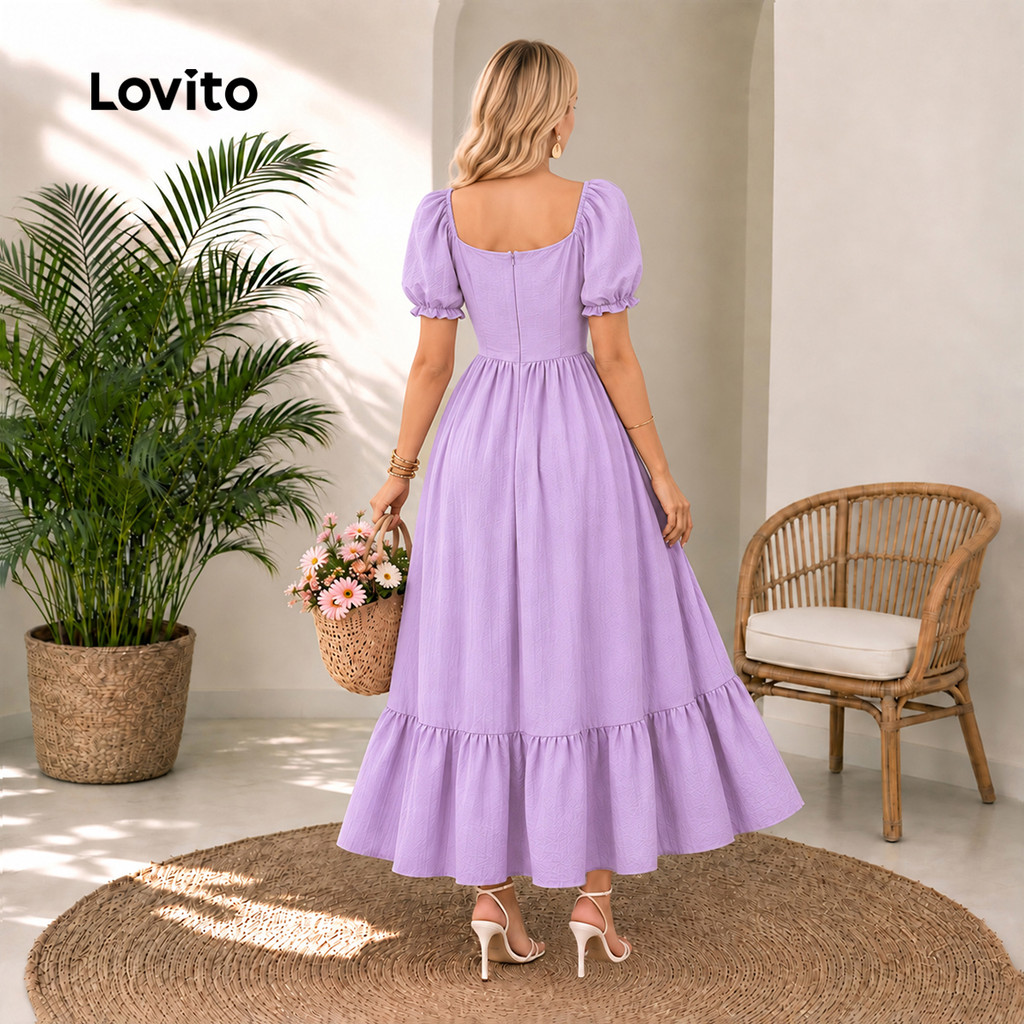 (New Arrival) Lovito Vestido Roxo Casual Feminino Liso Com Acabamento De Renda Plissado Longo E Com Babado Para Primavera/verão Férias E Fins De Semana Bordado DRB40BR031 — imagem 2 de 2