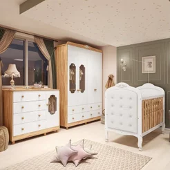 Quarto de Bebê Berço 3 em 1 Capitonê, Guarda Roupa, Cômoda MDF Maya Provençal Yescasa Branco/Amêndoa Branco