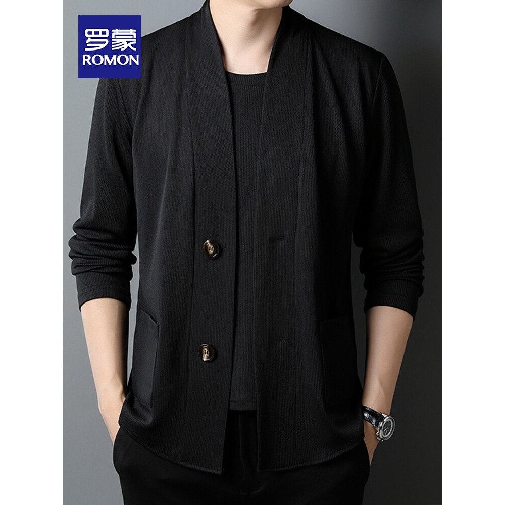 Lomon colarinho terno masculino primavera novo estilo de negócios de meia-idade casual falso Cardigan de duas peças de m