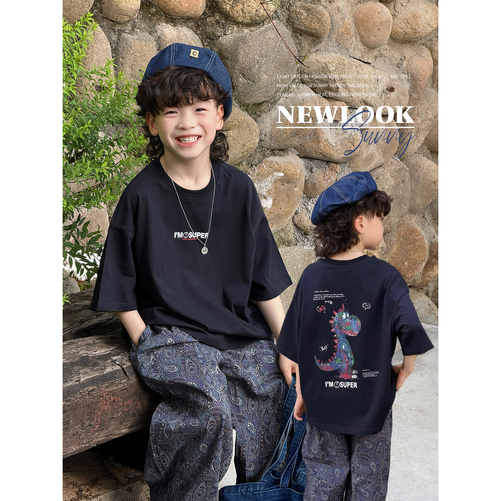 Crianças verão algodão dos desenhos animados dinossauro camiseta de manga curta 2026 novo estilo meninos moda roupas inf