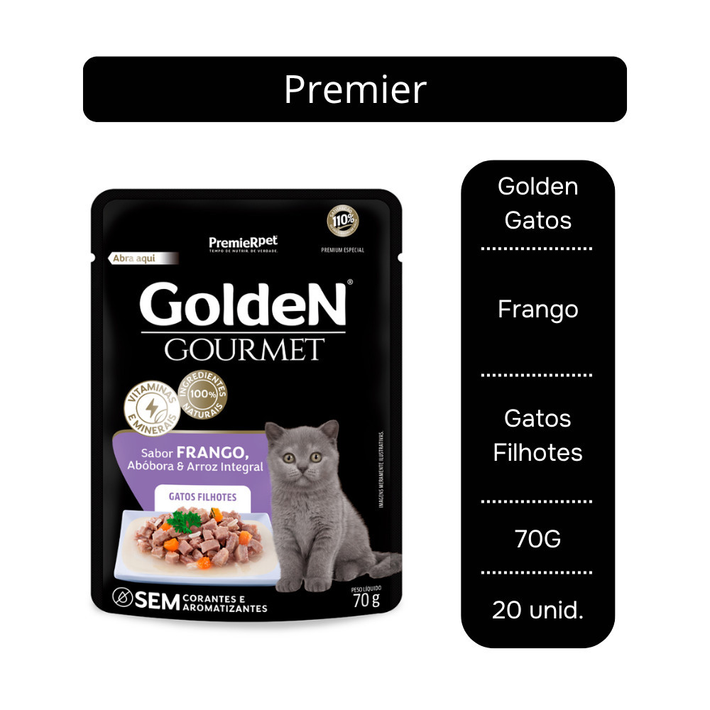 Kit com 20 Sachês Alimento para Gatos Filhotes Sabor Frango e Abobora Gourmet 70G Golden