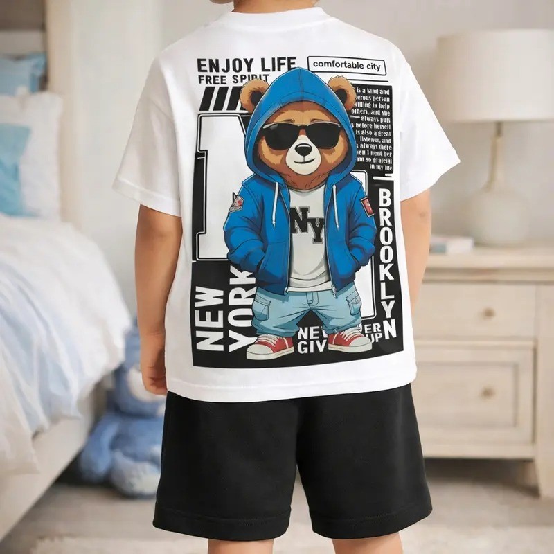 Conjunto Infantil Short Moletinho Camiseta manga Curta 100% Algodão Estampa Urso Menino Estiloso