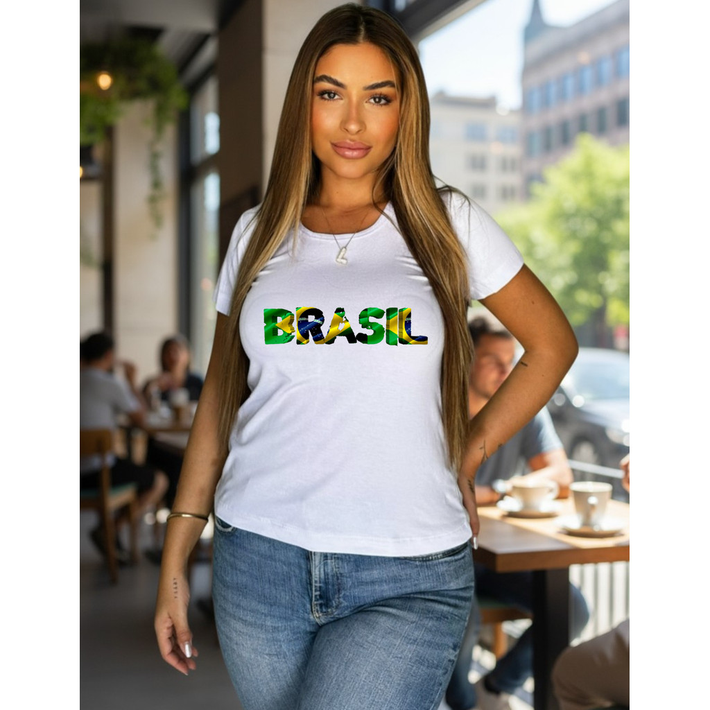 Blusa Feminina Gola Careca Manga Curta Tshirt Basica Blusinha Copa do mundo Brasil verde escuro
