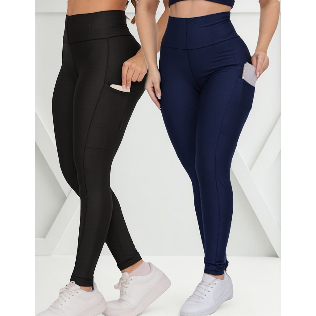 Leg calça Kit Legging Feminina Suplex Alta Com Bolso Academia Fitness-2 Unidades