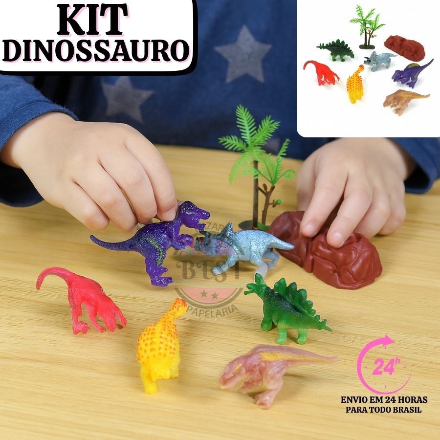 Kit Com 8 Dinossauros Emborrachado Miniaturas - Dino World Brinquedo infantil Kit Dinossauros