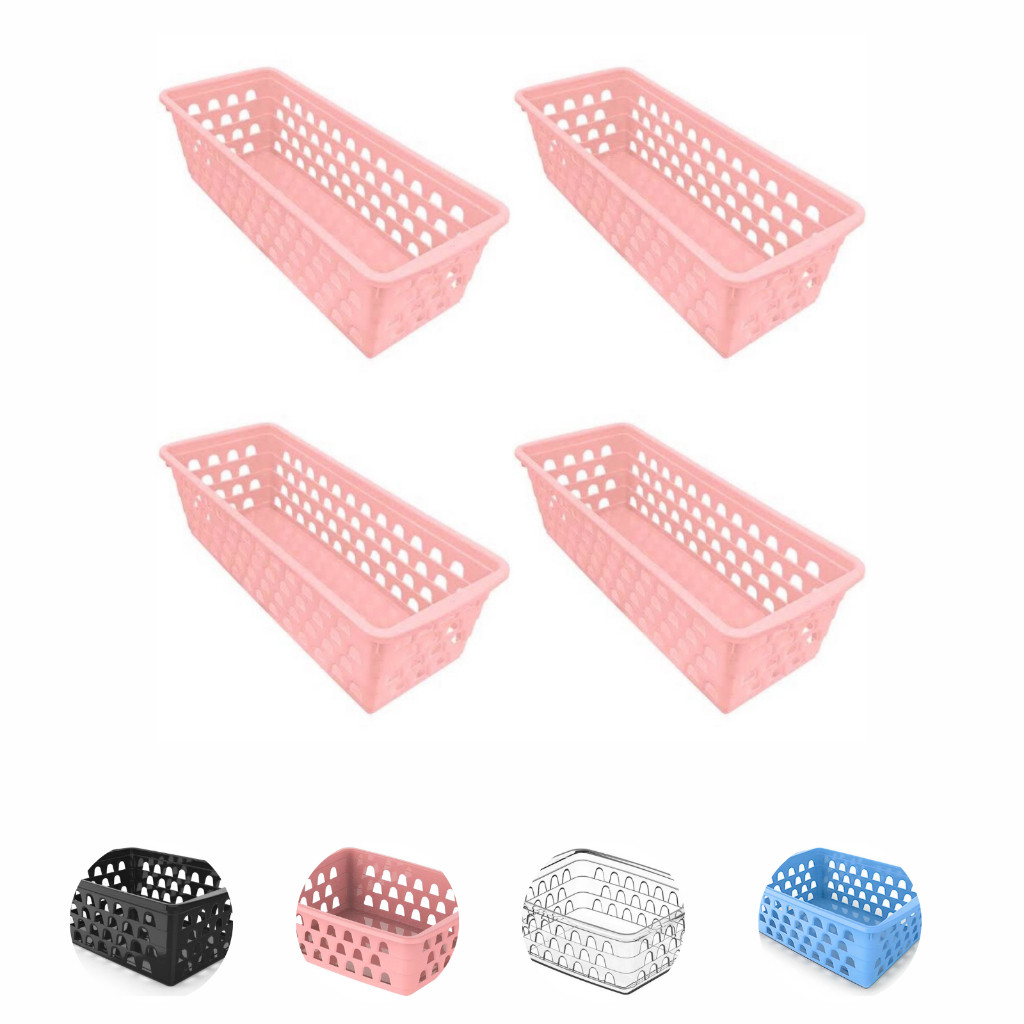 Kit com 4  bandejas cesto organizador Gaveta Armario Lavanderia geladeira comprido rosa azul preto transparente branco