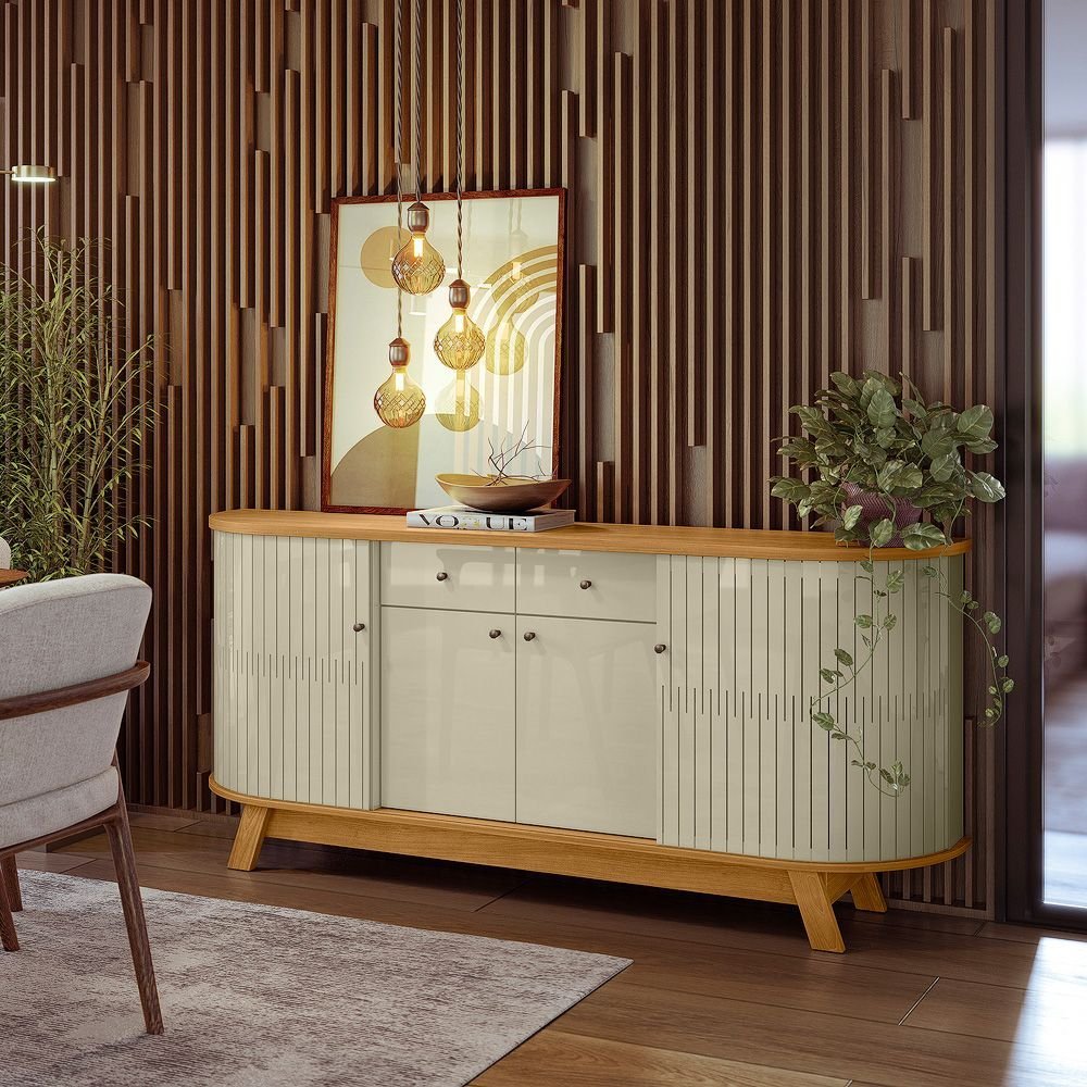 Aparador Buffet para Sala de Jantar 2 Portas Flexíveis Curvo 2 Gavetas Monaco Cumaru/Opala em Oferta na Shopee