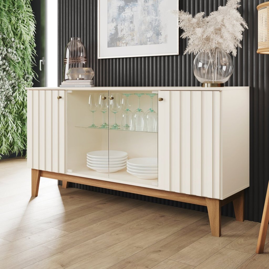 Buffet Aparador Tifany 4 Portas de Vidro 150,5cm em MDP com Detalhes Ripados Off White Nature em Oferta na Shopee
