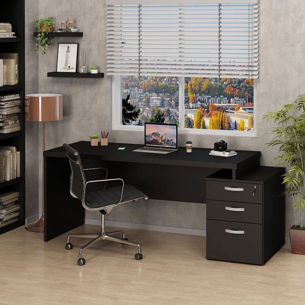 Mesa de Escritório Pedestal 3 Gavetas 190x70cm Preto em Oferta na Shopee