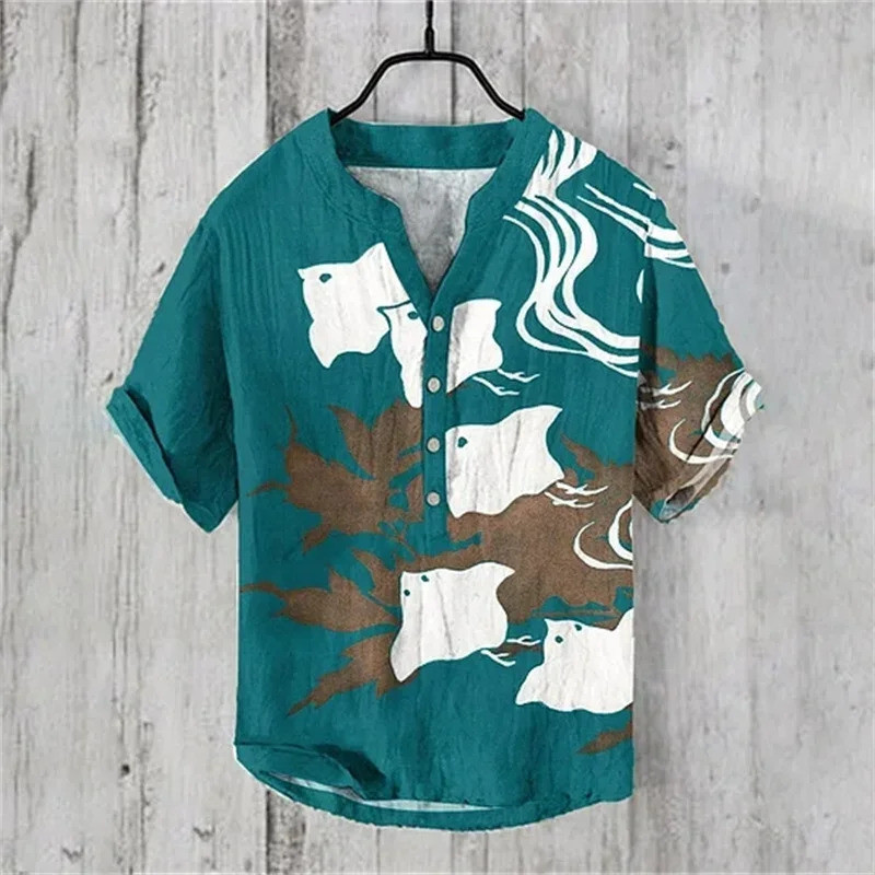 Camiseta Masculina De Verão Com Decote Em V Manga Curta Estampa Casual The Great Wave Off Kanagawa Camisa De Mistura De