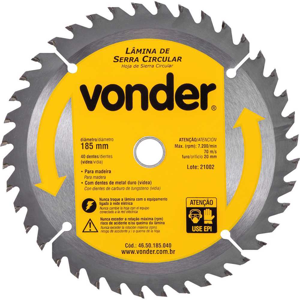 Lâmina Serra Circular C/Vídea 185x20 mm 40 Dentes VONDER